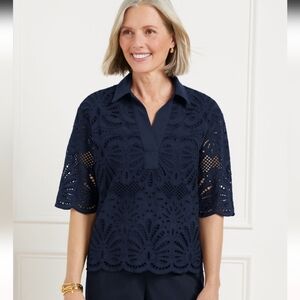 Talbots Blooming Eyelet Johnny Collar Popover Top